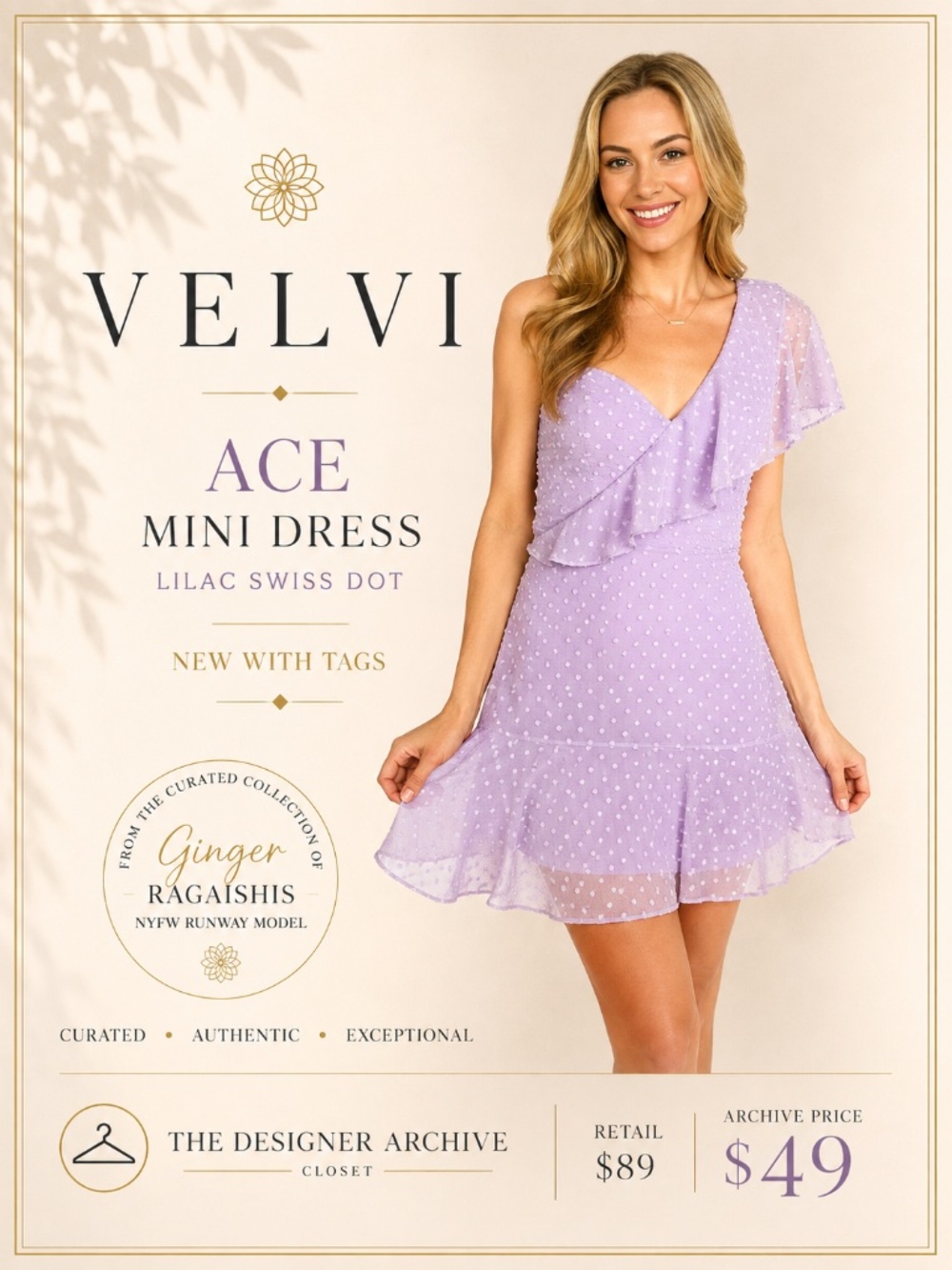 NWT VELVI Ace Lilac Swiss Dot One Shoulder Mini Dress Medium